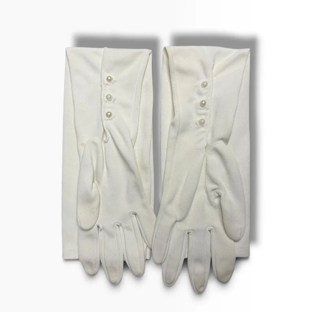 Vintage Opera Gloves White Nylon Size 8 Faux Pearl Buttons Long Made Philippines